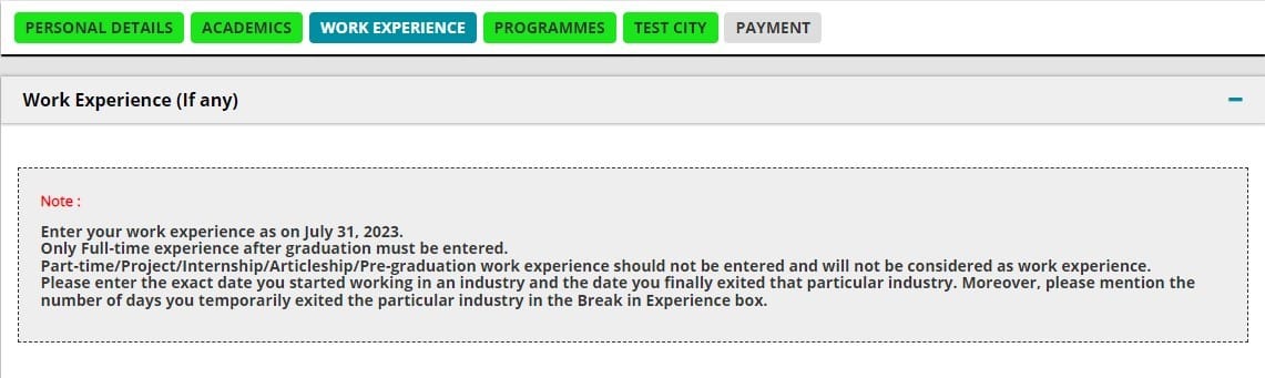 Work Experience in CAT Application Form